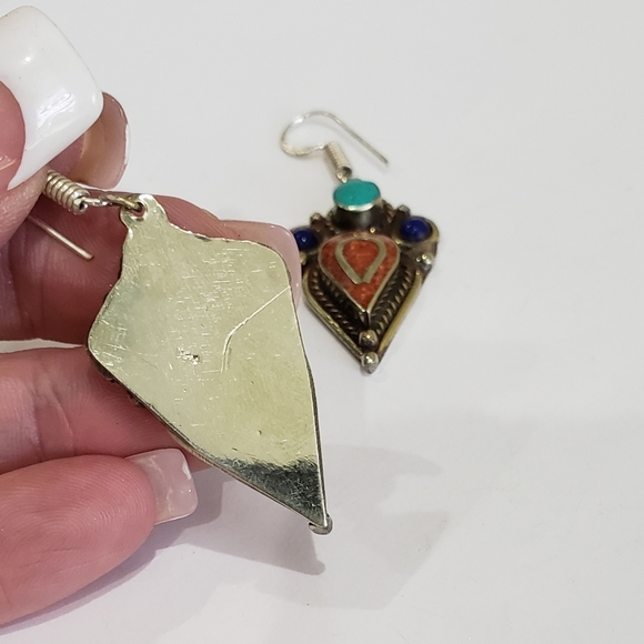 Tibetan Turquoise Lapis Lazuli Gem 925 Drop Earrings - Picture 10 of 12